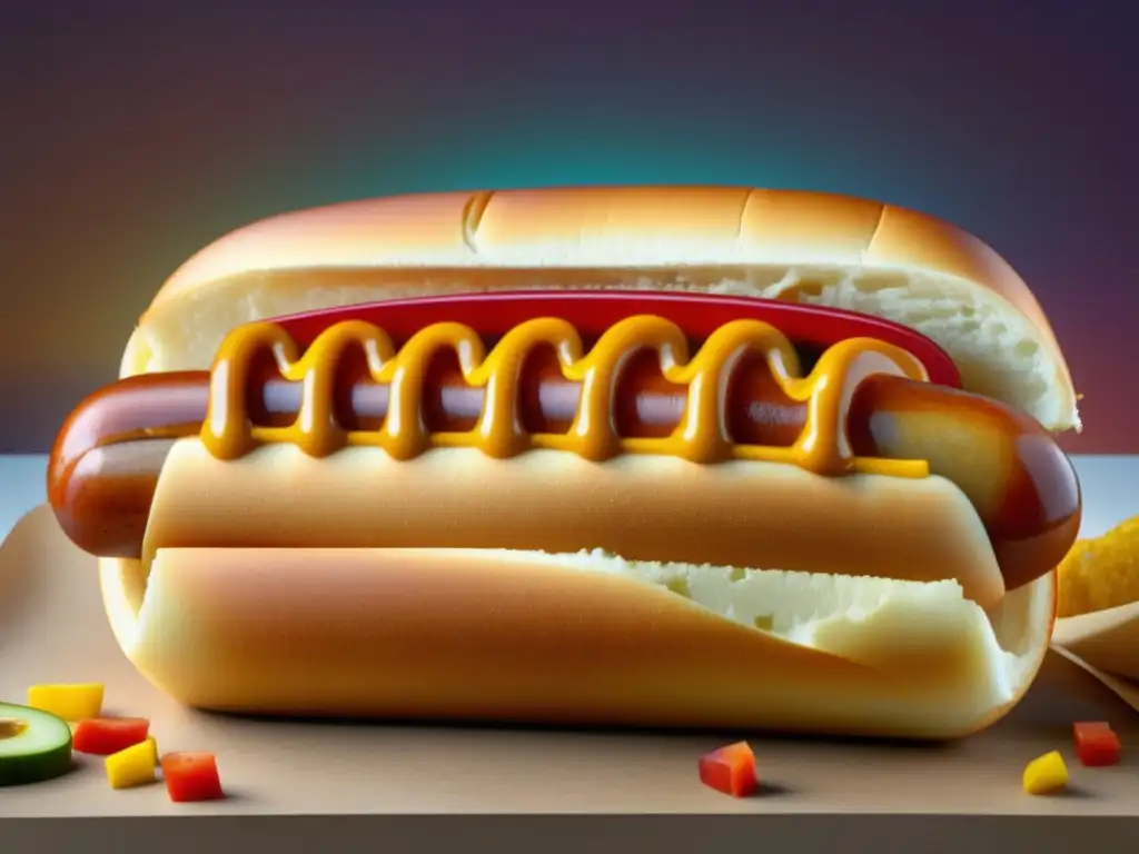 Hot dog: Fenómeno culinario norteamericano, tostado, con toppings vibrantes - 110 caracteres