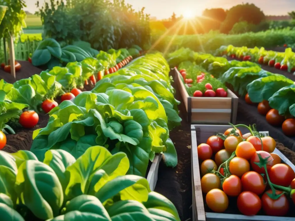 Un jardín de vegetales exuberante y vibrante, mostrando tomates, lechugas y zanahorias