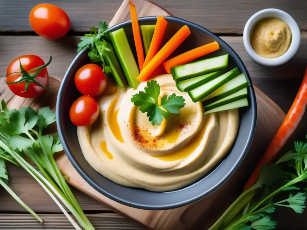 Un tazón de hummus cremoso decorado con aceite de oliva, pimentón y perejil fresco, rodeado de vegetales coloridos