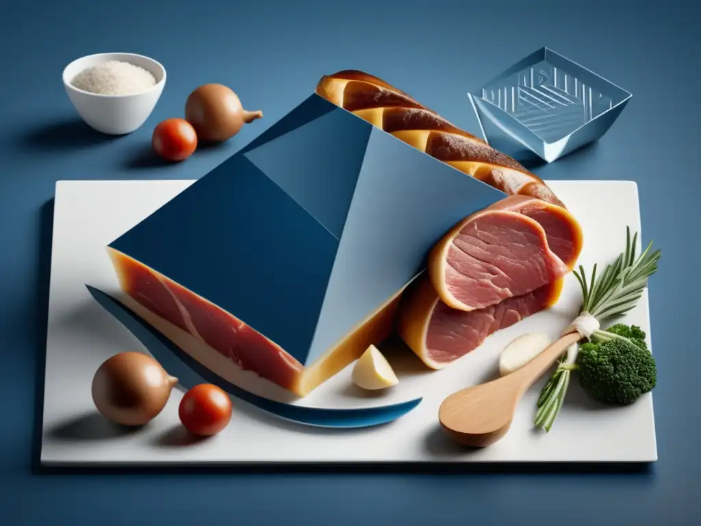 Carnes en la cocina mediterránea: Imagen 8k detallada de una representación abstracta minimalista, resaltando cortes de carne con elegancia y sofisticación