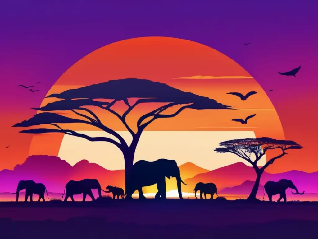 Cena Africana: Paisaje vibrante de África con animales icónicos y una puesta de sol majestuosa