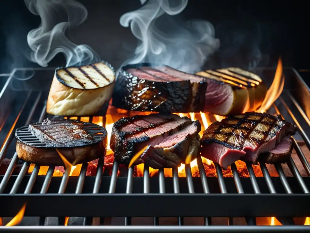 Grill ahumado con carnes ahumadas sizzling, humo y patrones en fondo oscuro