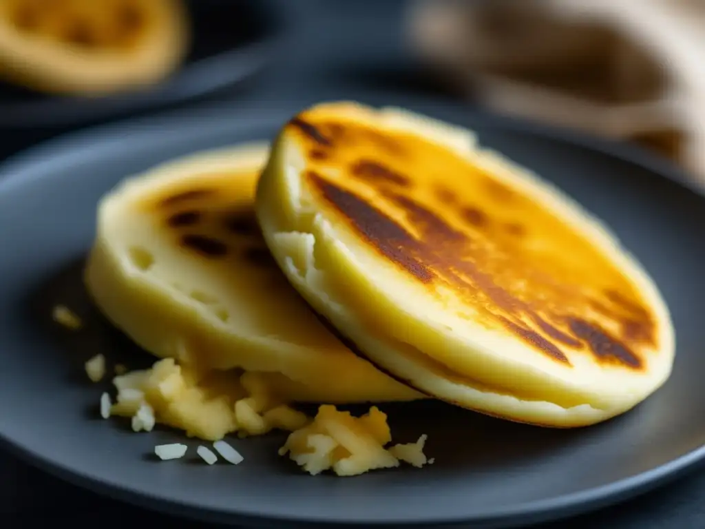 Deliciosa arepa dorada con relleno de queso y carne