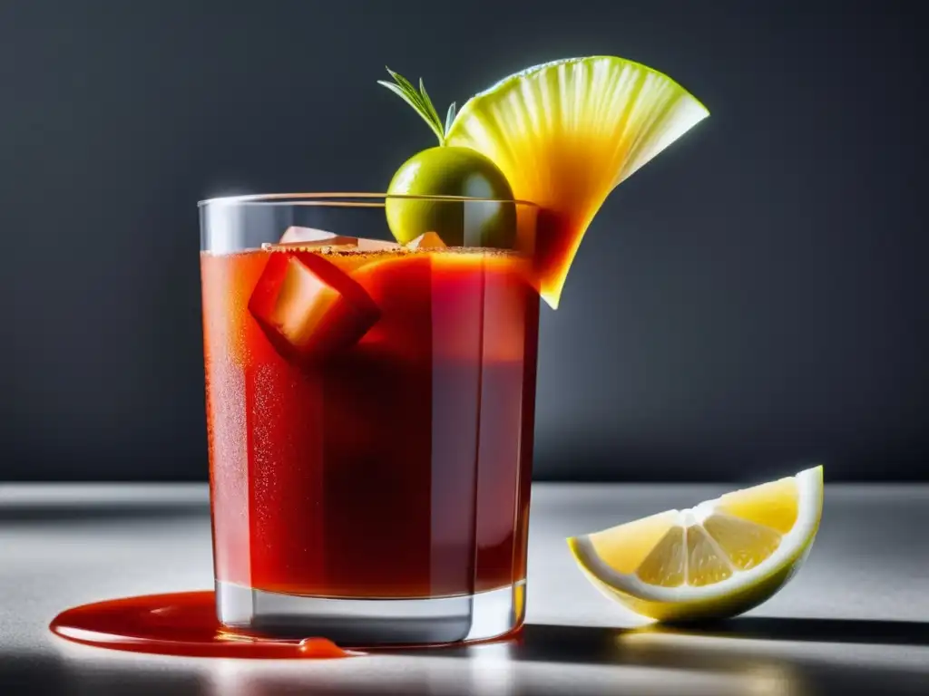 La historia del Bloody Mary: Una composición vibrante y dinámica con elementos clave del cóctel, como el vaso transparente, la salsa picante y los condimentos