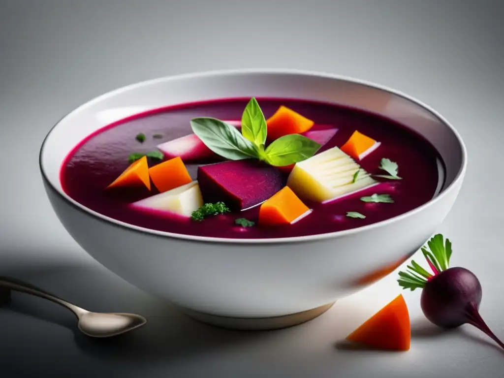 Tradicional sopa ucraniana borscht con ingredientes vibrantes y detalles precisos - Los Secretos Culinarios de la Cocina Ucraniana