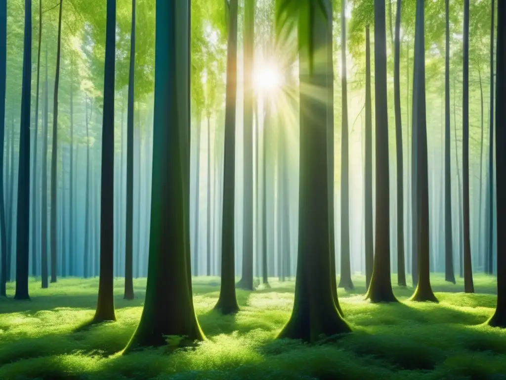 Imagen de un bosque verde exuberante con árboles altos y delgados, iluminado por el sol