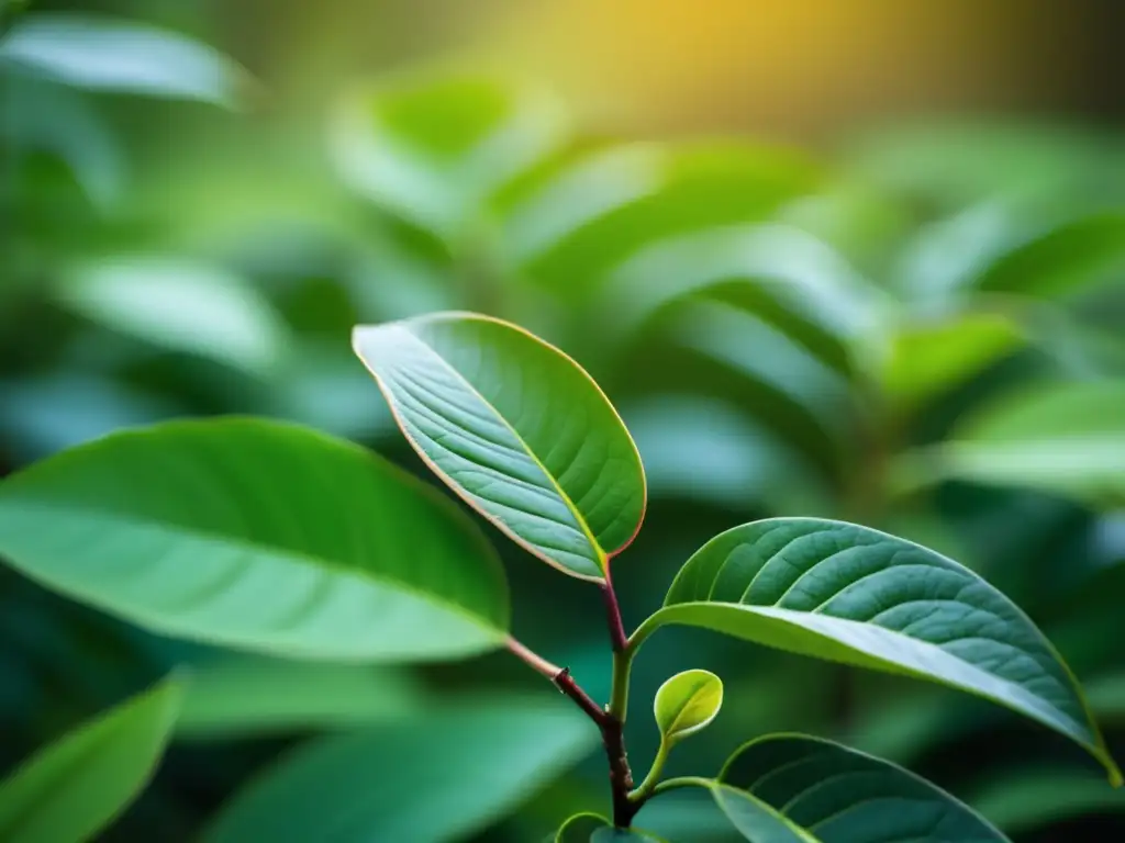 Historia del café en un paisaje vibrante y diverso, con un enfoque en los detalles intrincados de una planta de café