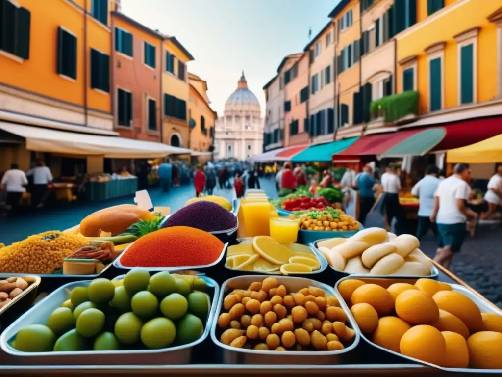 Comida callejera en Roma: escena vibrante y moderna con pizza, supplì y panino con porchetta