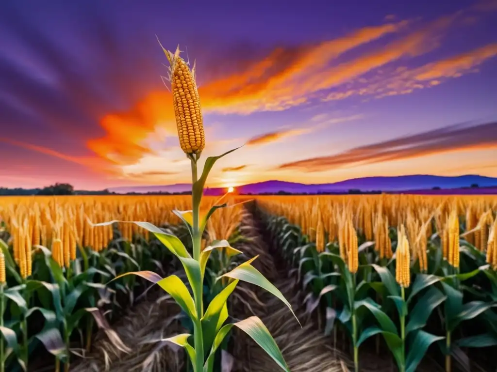 El poder del maíz: Un cereal milenario en tu mesa - Imagen abstracta de un vibrante campo de maíz al atardecer