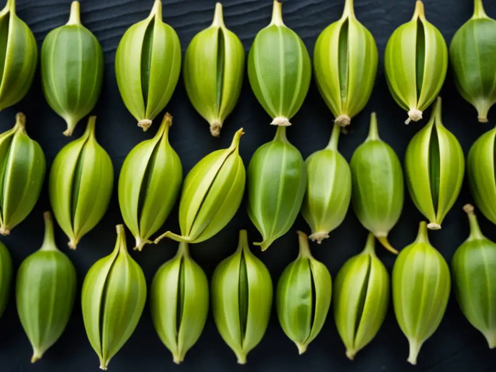 Descubriendo el Aroma del Cardamomo: Un Viaje Gastronómico - Cardamom pods en detalle, textura, color verde intenso y patrones intricados