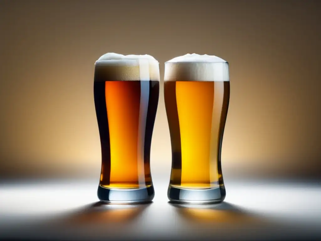 Cervezas de barril vs embotelladas - Minimalista imagen de dos vasos de cerveza, uno con cerveza de barril y otro con cerveza embotellada