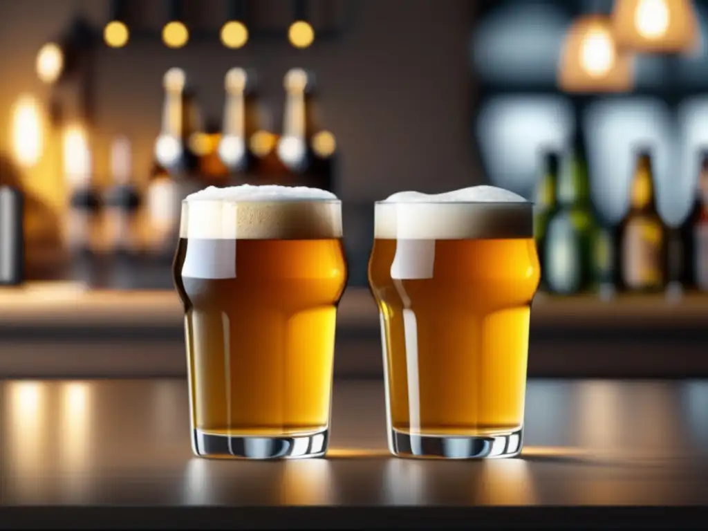 Cervezas de barril vs embotelladas: Detalle exquisito de dos copas con cerveza dorada, burbujeante y refrescante en una mesa minimalista