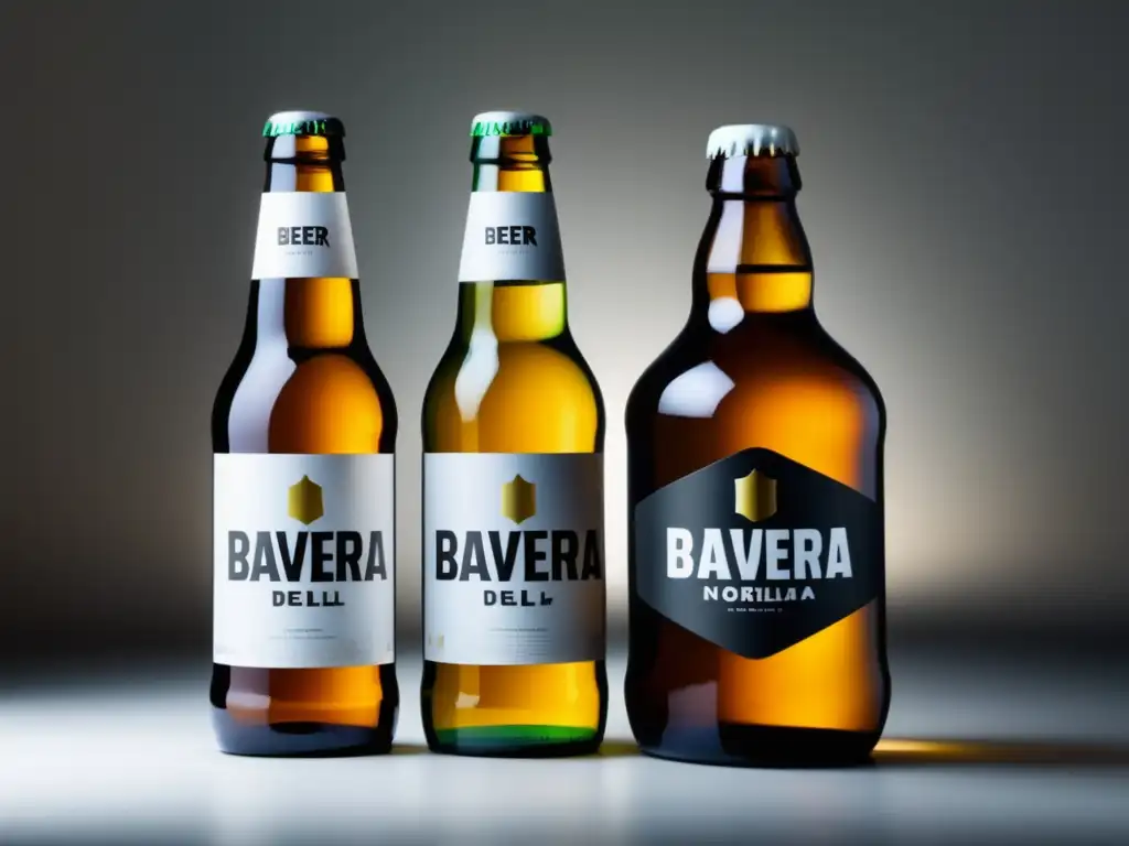 Cervezas alemanas: Tres botellas de cerveza representando Baviera, Renania del Norte-Westfalia y Sajonia en una imagen minimalista