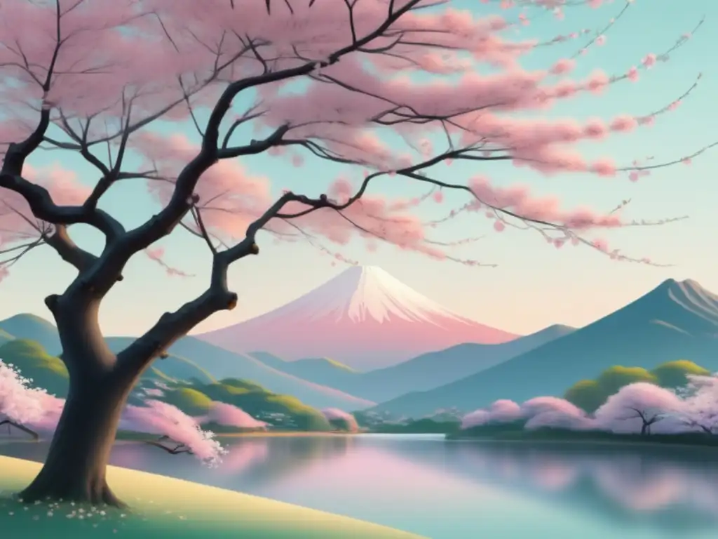 Fiesta de la Cereza en Japón: Paisaje sereno de cerezos en flor, minimalista y abstracto