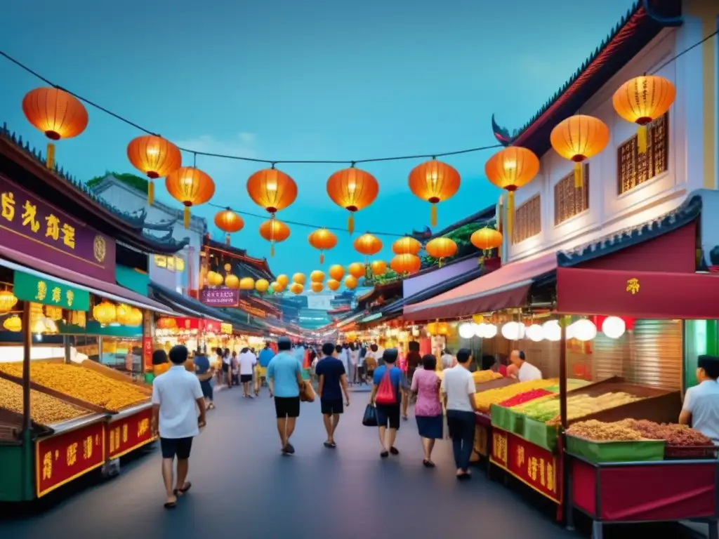 Descubriendo los sabores de las calles de Singapur - Escena vibrante de Chinatown con puestos de comida coloridos y gente animada