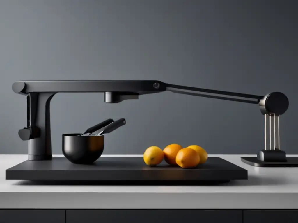 Robots de Cocina: Elegante y funcional encimera con 3 brazos robóticos abstractos en negro mate, equipados con utensilios de cocina