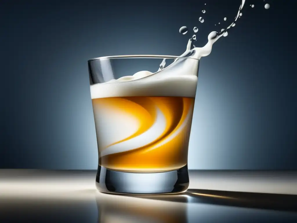 Preparar cóctel White Russian: cristal transparente, líquido blanco cremoso en equilibrio, patrones elegantes y reflejos sutiles