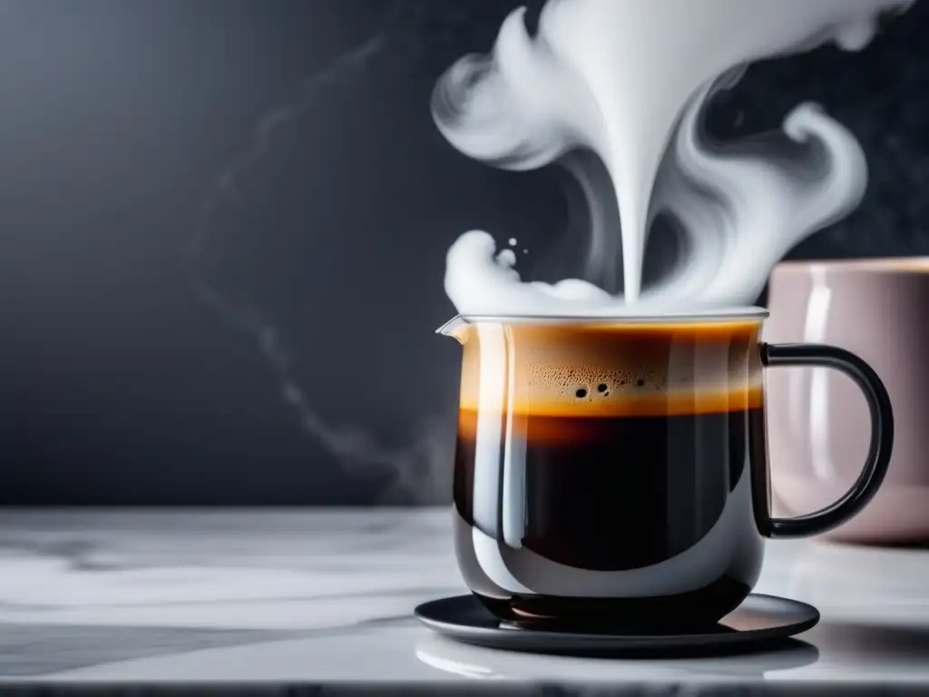 Los Mejores Accesorios para Disfrutar del Café y Té: Taza de café negra sobre encimera de mármol blanco con vapor