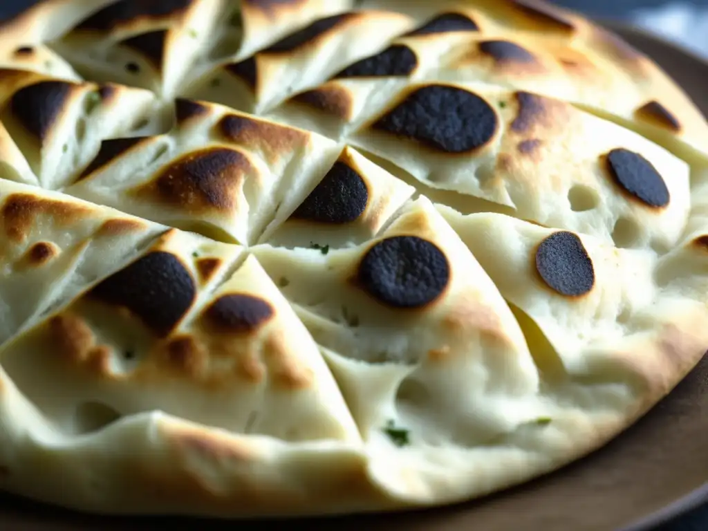 Pan Pita recién horneado, redondo y ligeramente inflado, con textura dorada y pequeños puntos tostados