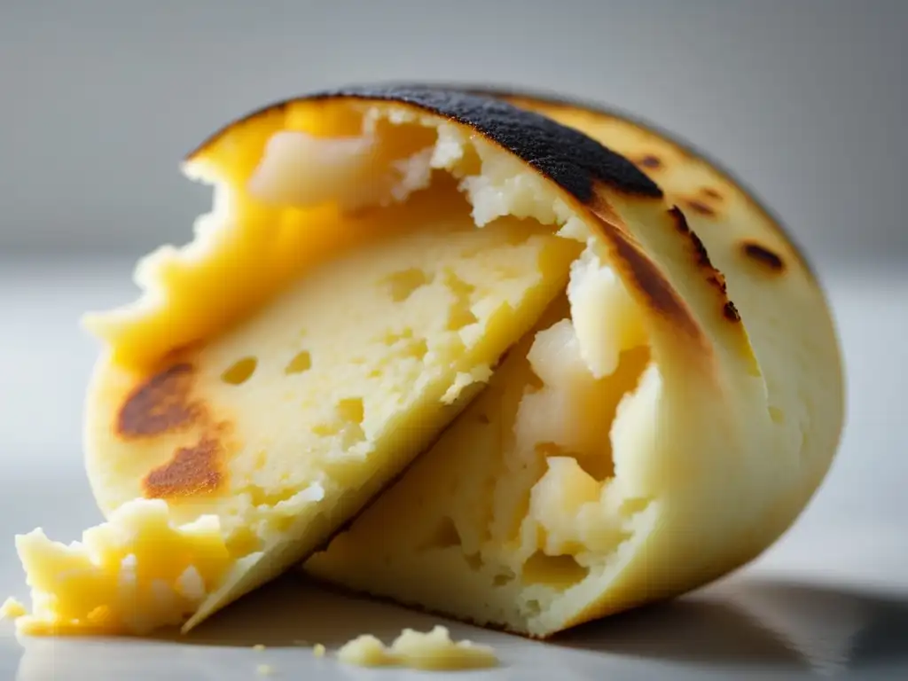 Arepa dorada y perfectamente cocida, revelando su textura suave y esponjosa