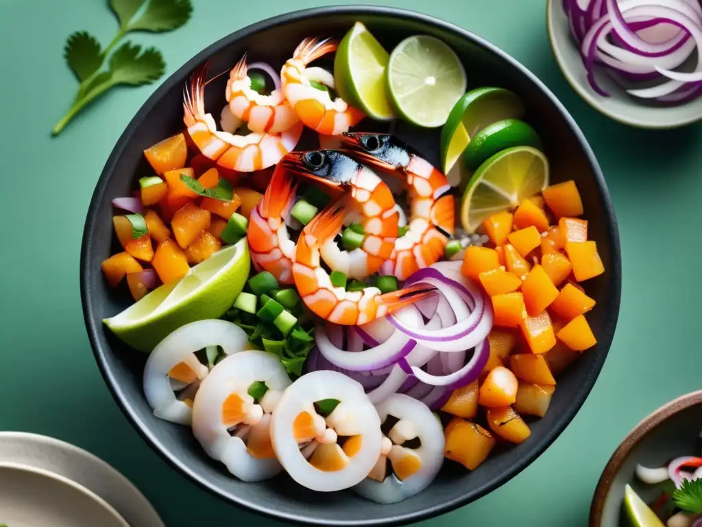 Delicioso ceviche con mariscos frescos, cítricos y colores vibrantes