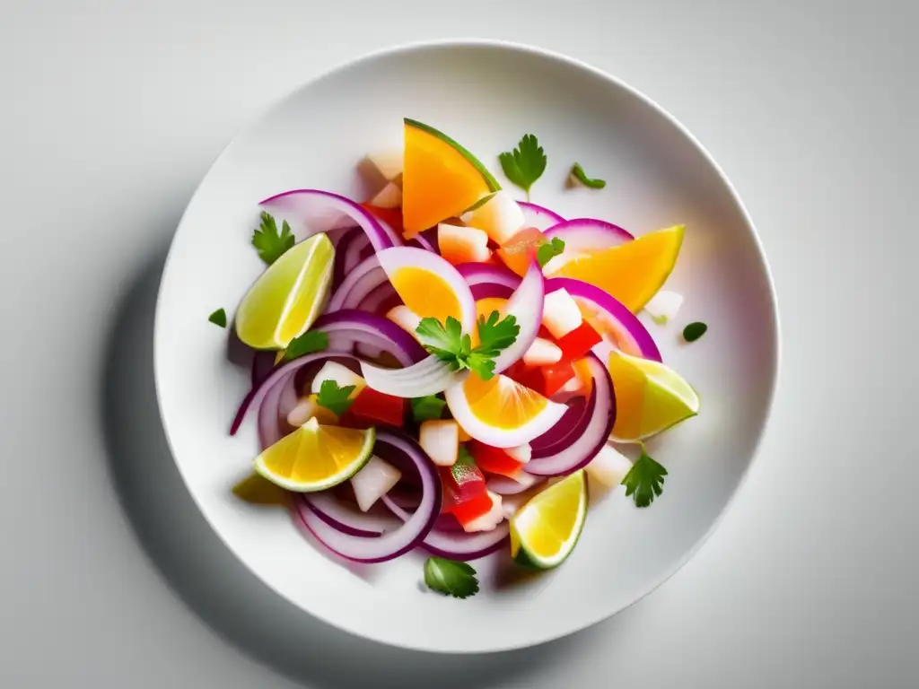 Ceviche vibrante: pescado fresco, cítricos tangy, cebolla crujiente