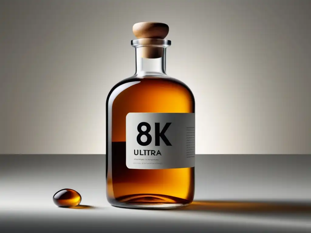 Alcohol en la Repostería: imagen 8k minimalista con delicada botella de vidrio y líquido ámbar