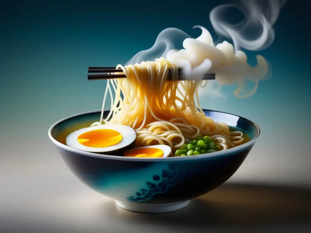 Delicioso ramen con capas de sabores e ingredientes, presentado de forma minimalista y abstracta