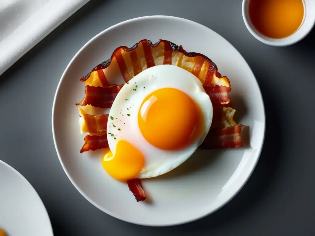 Desayuno americano: huevo frito perfecto con bacon crujiente y vibrante yema en plato blanco