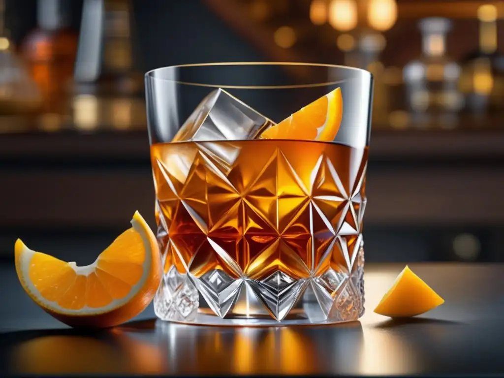 Old Fashioned: cóctel clásico ultradetallado con whiskey ámbar, hielo redondo, twist de naranja y elegantes detalles (110 caracteres)