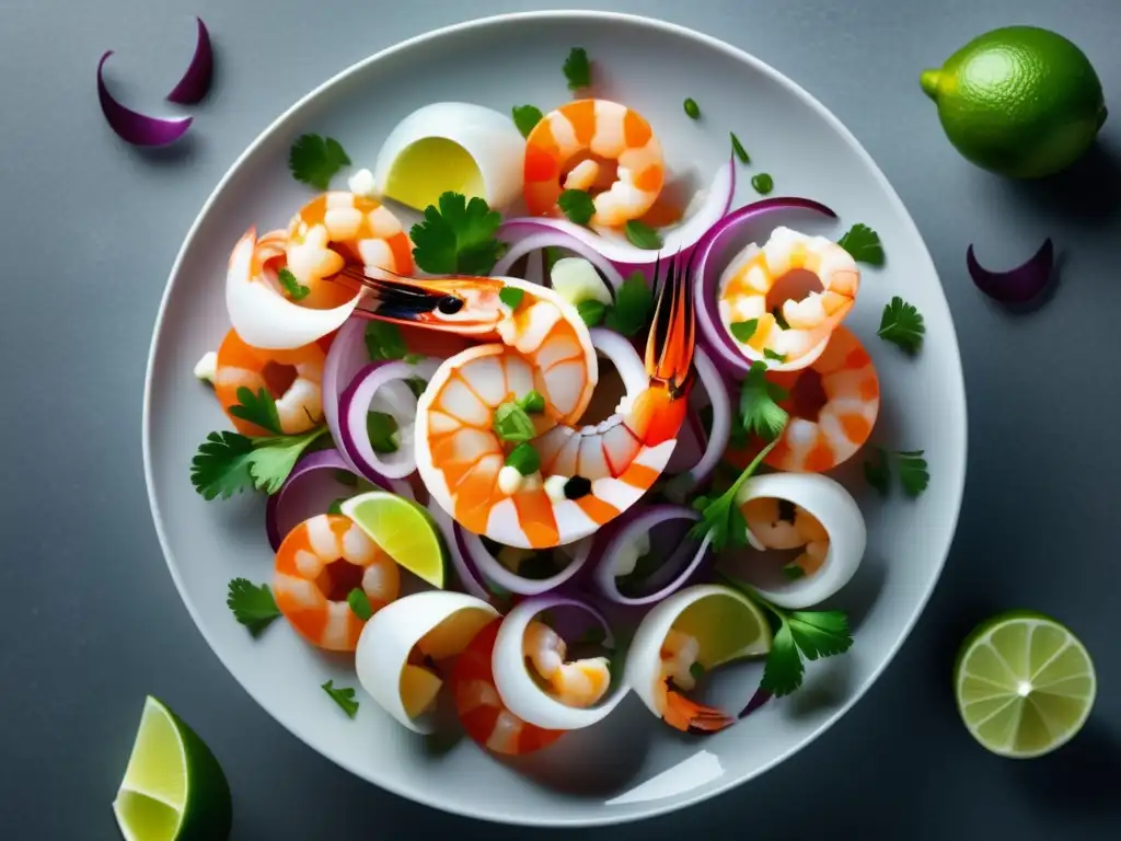 Imagen ultradetallada de ceviche minimalista con mariscos y limón