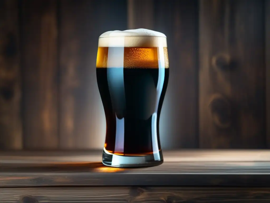 Una cerveza negra en un vaso sobre una mesa de madera rústica, con detalles de líquido oscuro y reflejos fascinantes