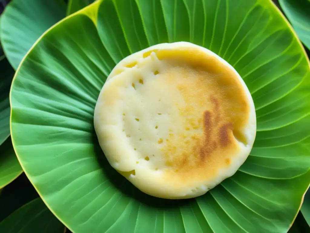 Arepa dorada sobre hojas verdes