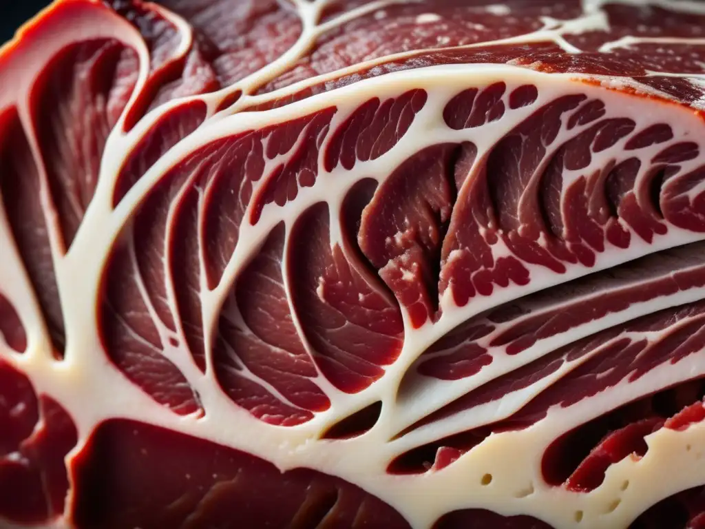 El Fascinante Mundo de las Carnes Secas - Trozo de carne seca de alta calidad, rojo intenso y marmoleado, destacando su textura y perfil bajo en grasa