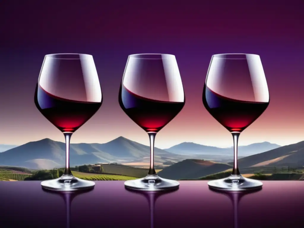 Vinos chilenos: Tres copas de vino rojo representan regiones vinícolas de Chile, con nombres inscritos, en fondo púrpura y burdeos