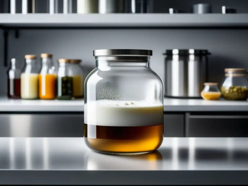 Fermentación de alimentos en un laboratorio blanco con microorganismos y colores vibrantes