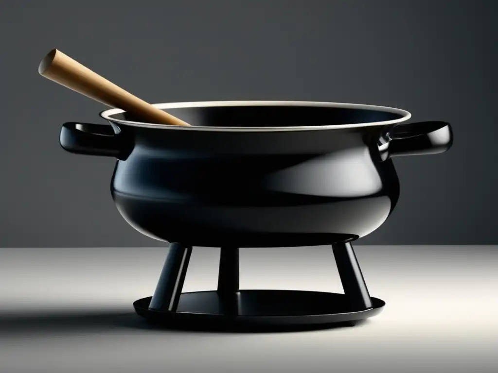 Cortes de Carne para Fondue: Un Clásico de la Cocina Suiza - Imagen elegante de una olla de fondue suiza negra mate con interior blanco brillante