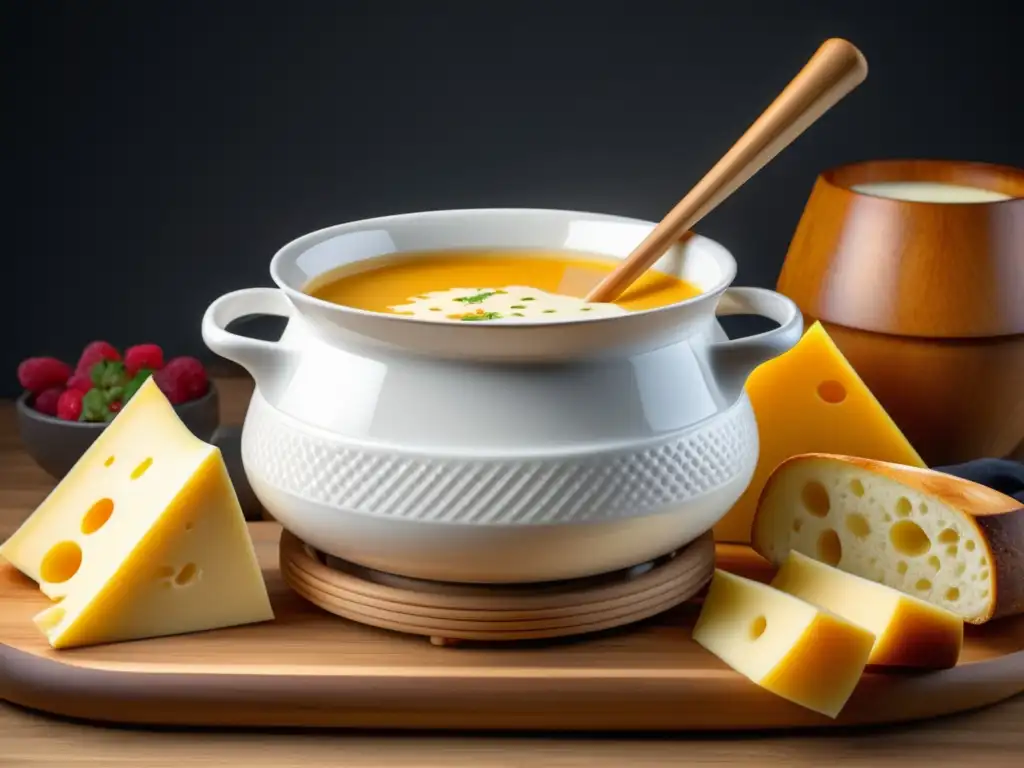 Viaje Gastronómico: Explorando los Sabores de la Cocina Suiza - Fondue suizo 8k con set elegante y minimalista de cerámica blanca, queso premium, pan recién horneado y una variedad de vegetales coloridos