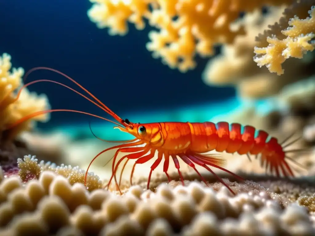 Gamba roja en hábitat marino: belleza vibrante y detalles cautivadores