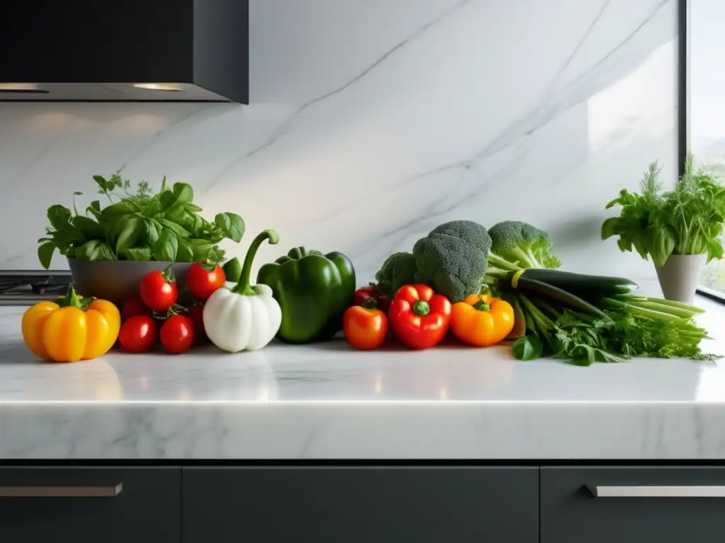 Cocina minimalista con verduras y hortalizas frescas en encimeras de mármol blanco - Cultivar verduras y hortalizas en casa