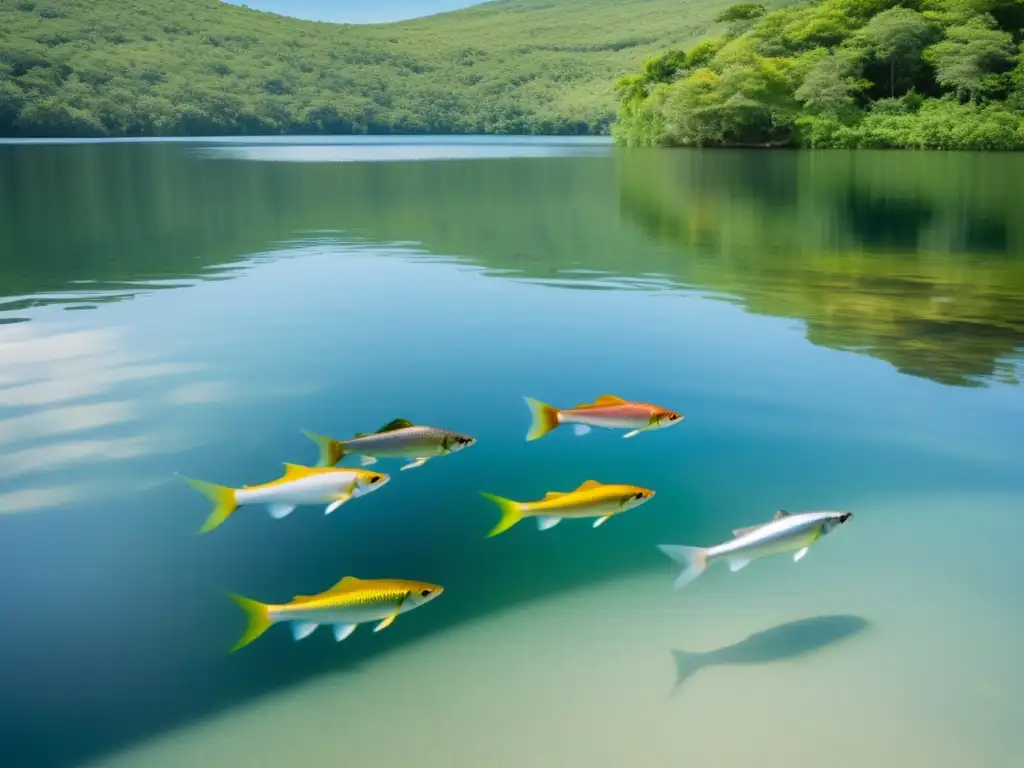 El arte de seleccionar el mejor pescado: Guía práctica - Lago cristalino rodeado de vegetación exuberante, peces de agua dulce nadando en armonía