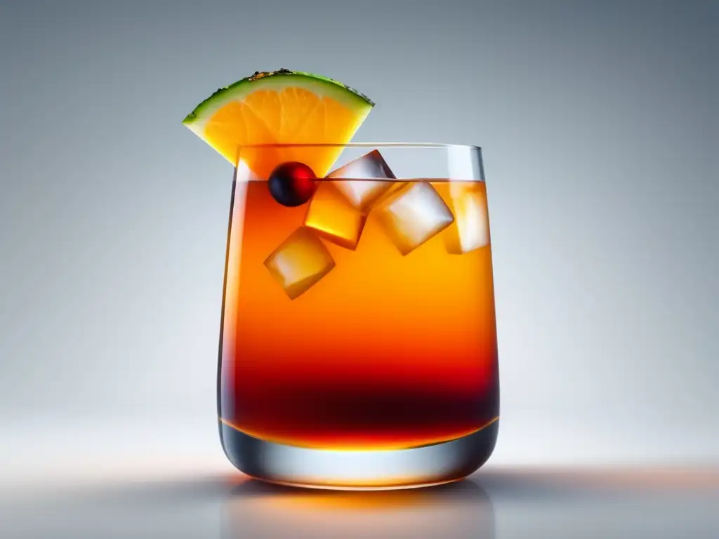 Mai Tai cocktail: vibrante y elegante, con reflejos dorados, en una superficie blanca - ¿Cómo se Prepara el Auténtico Cóctel Mai Tai?