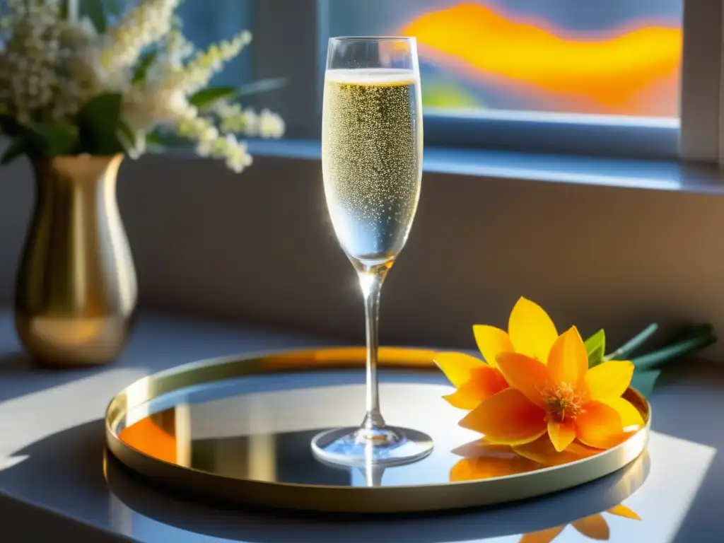 El Cóctel Mimosa: Un Brindis con Estilo - Flauta de champán de cristal exquisito en bandeja dorada, adornada con delicadas flores de naranjo