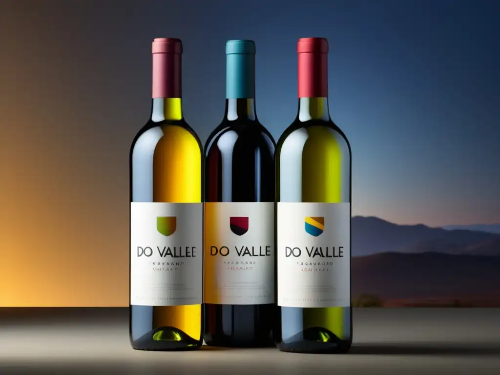 Vinos chilenos: Botellas minimalistas de vino de las DO Valle de Colchagua, Maipo y Casablanca en imagen 8k ultradetallada