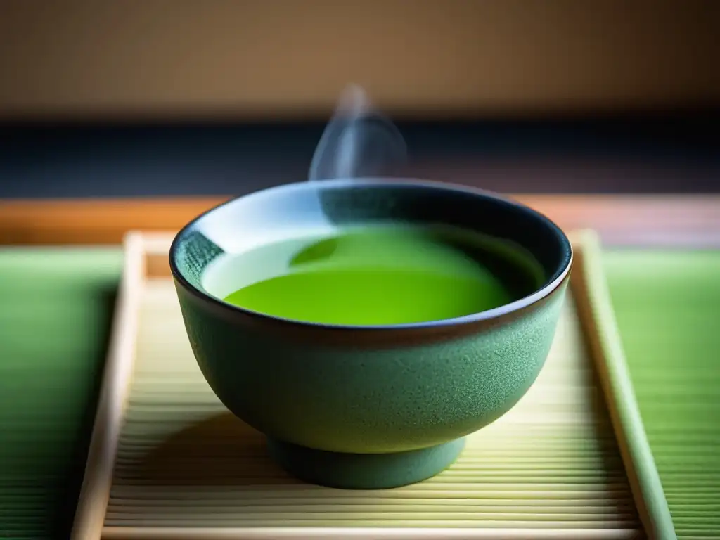 Té matcha: ceremonia japonesa con tazón de cerámica, polvo de té verde vibrante y composición limpia y simétrica