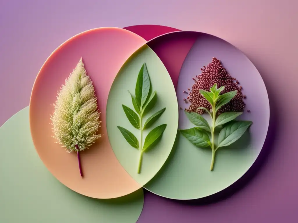 Pseudocereales: Amaranto, quinoa y chía - Imagen minimalista que representa los tres pseudocereales con formas geométricas en un fondo degradado