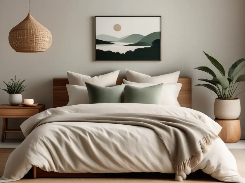 Dormitorio minimalista con ambiente sereno y tranquilo, destacando la cama con sábanas de algodón orgánico y una decoración natural