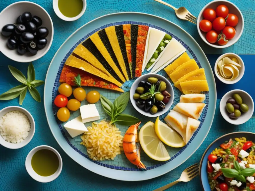 Cocina Mediterránea: Platos icónicos en un mosaico vibrante y colorido