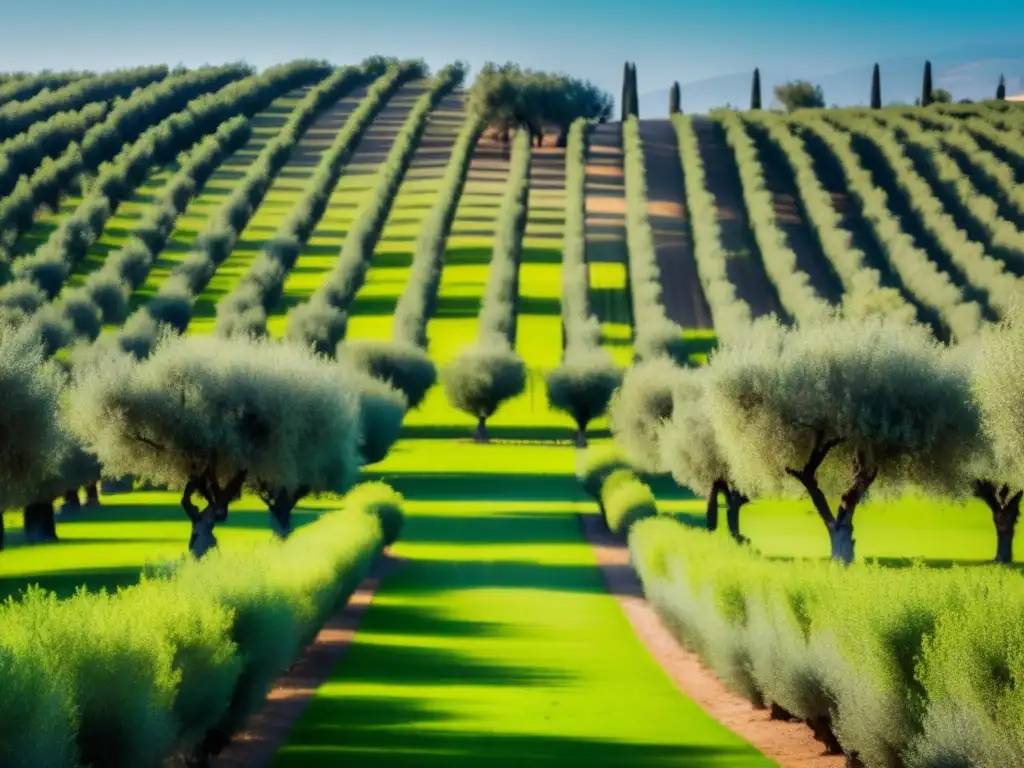 Un exuberante olivar con árboles alineados y hojas verdes vibrantes, destacando la belleza y abundancia de las aceitunas