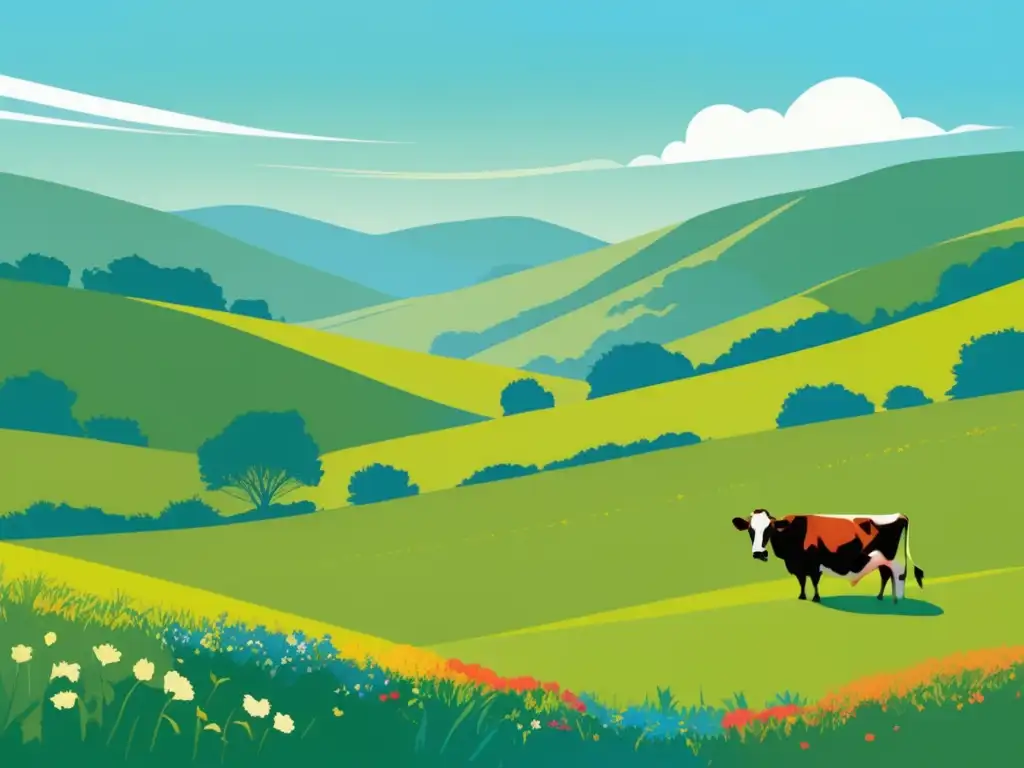 Ilustración abstracta de una pradera verde con colinas, cielo azul y una vaca pacífica - ¿Cómo Cocinar Carnes de Manera Sostenible?